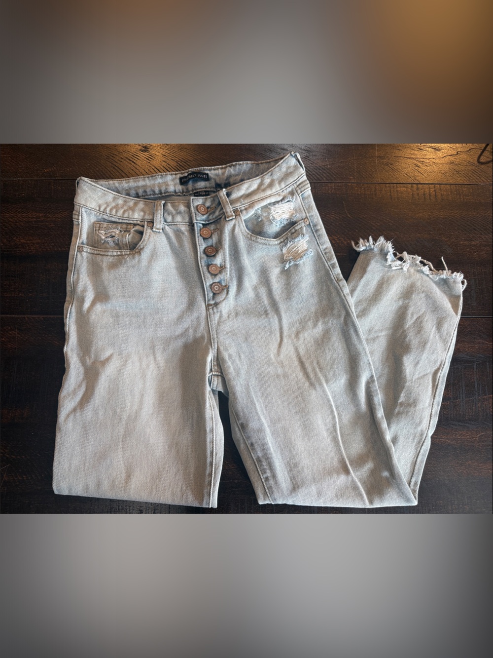 Sincerely Jules Light Gray Distressed Boyfriend Jeans with Button-Fly